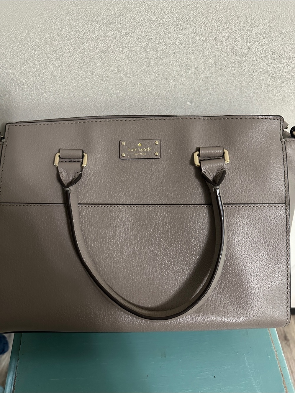 kate spade taupe leather tote with gold hardware